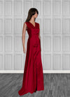 red v-neck gown with covered buttons