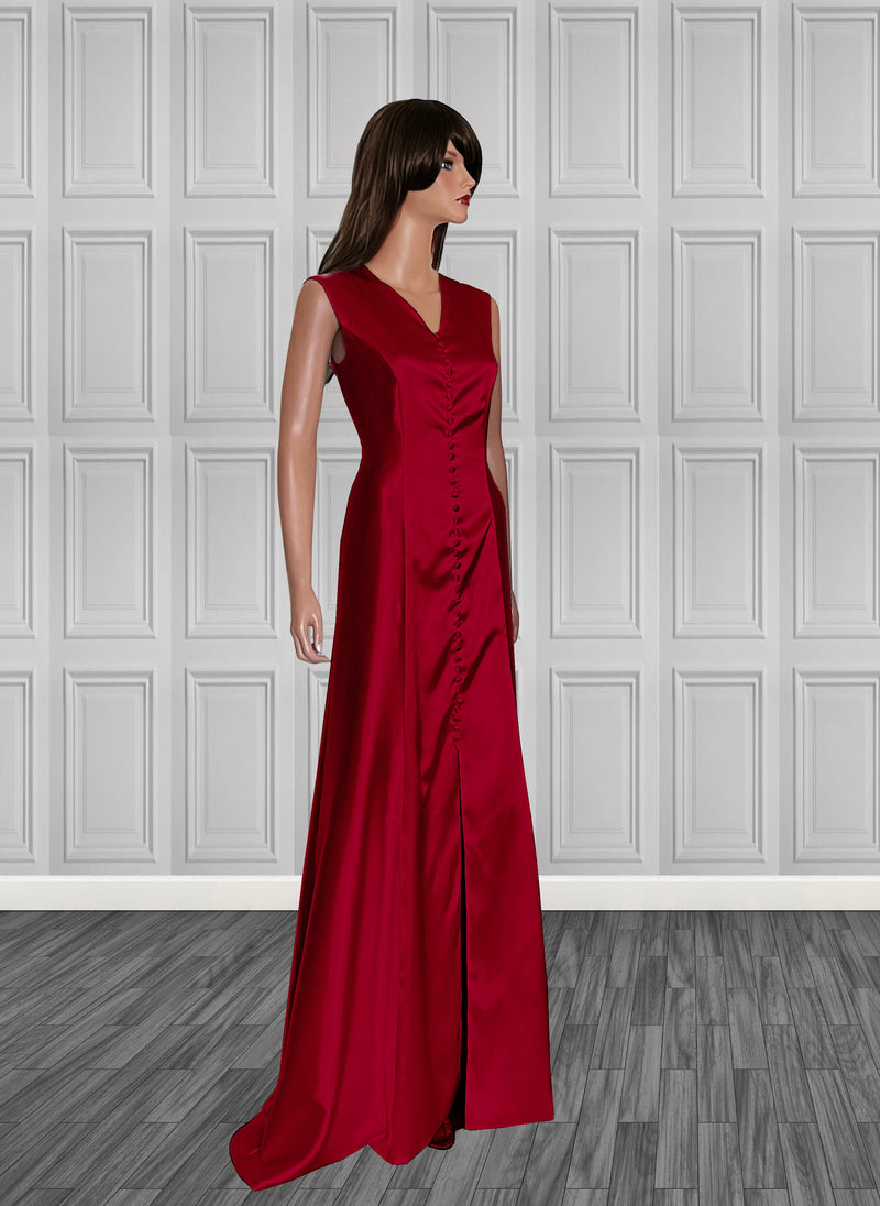 red v-neck gown with covered buttons