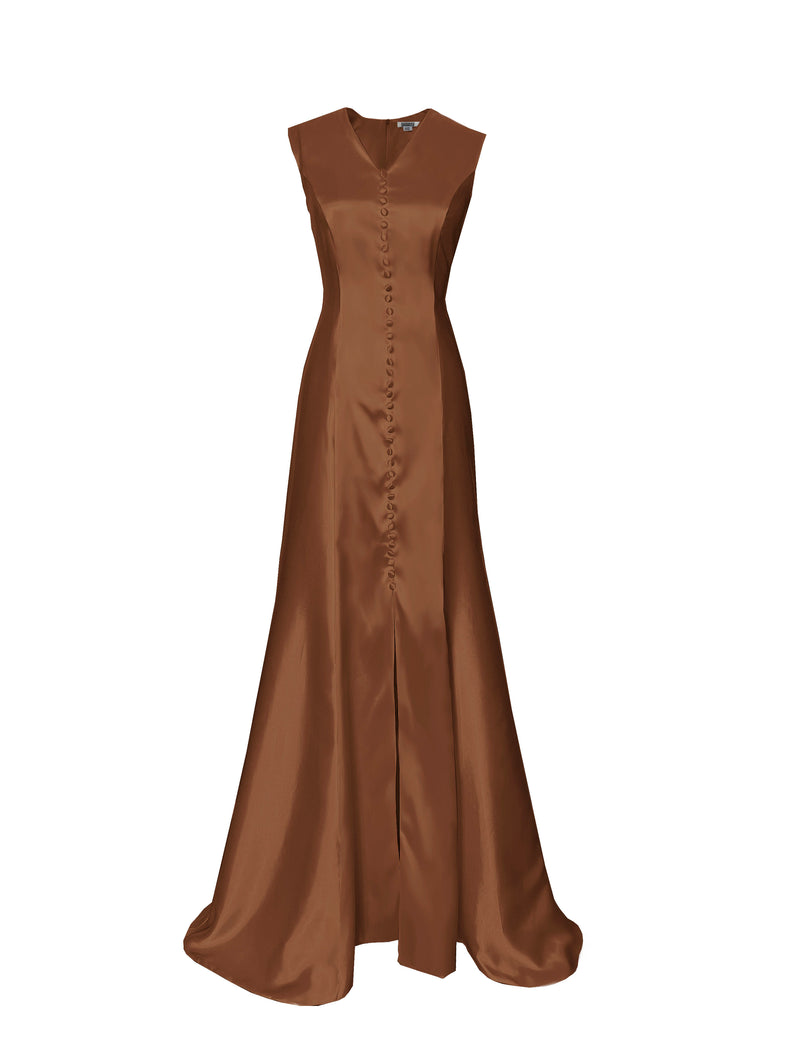 brown v-neck gown with covered buttons