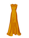marigold v-neck gown with covered buttons