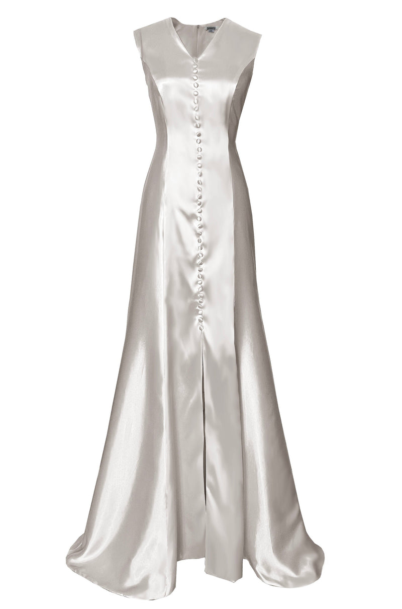 white satin wedding gown with buttons
