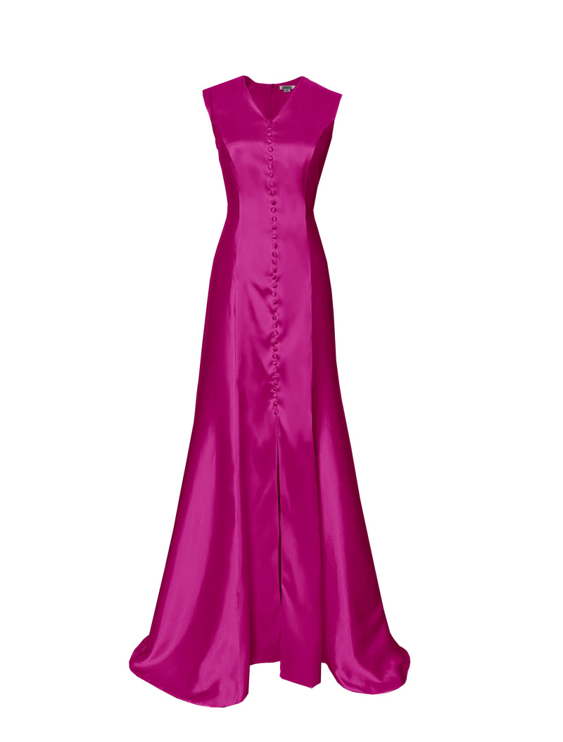 v-neck gown with covered buttons