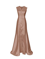 taupe v-neck gown with covered buttons