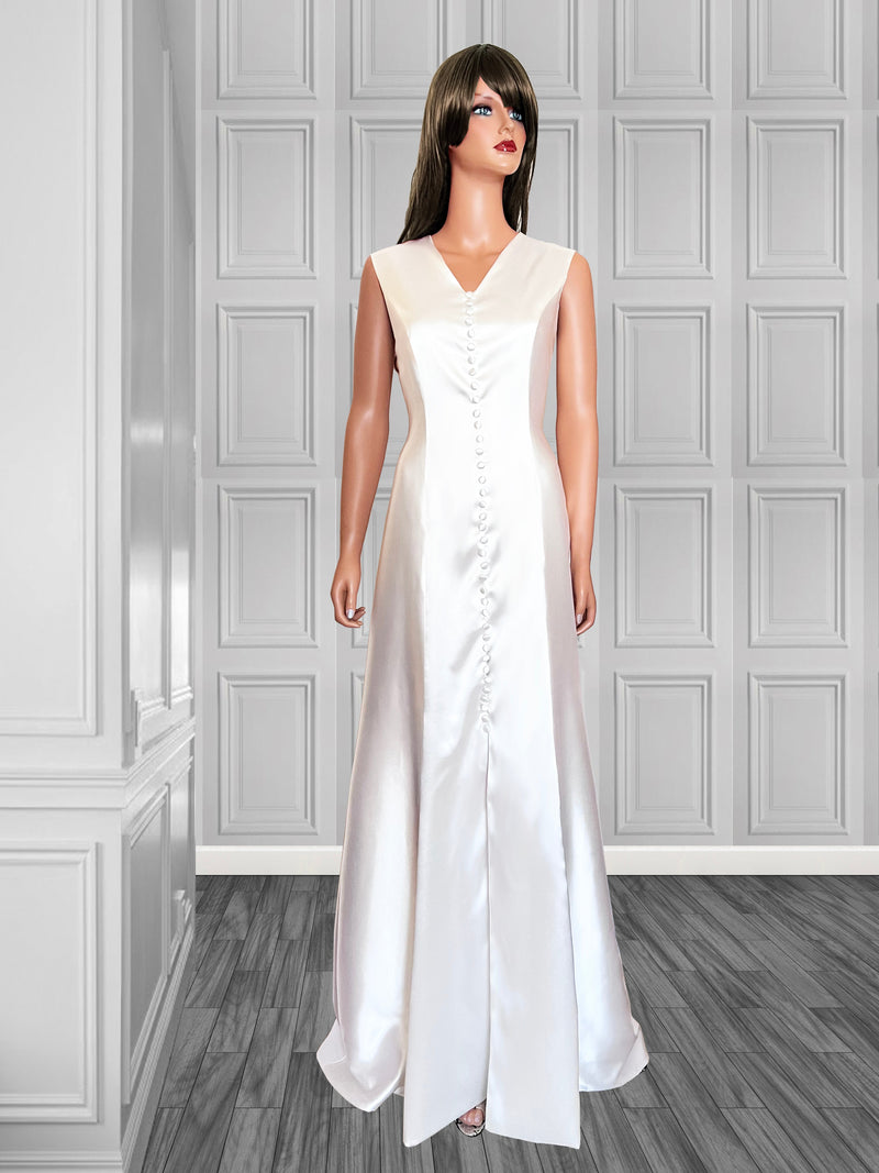  white bridal v-neck gown with covered buttons