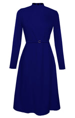 blue midi long sleeve dress a line skirt