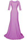 purple gown with square neckline and 3/4 sleeves