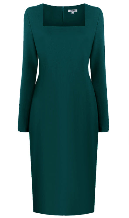 teal dress with square neckline