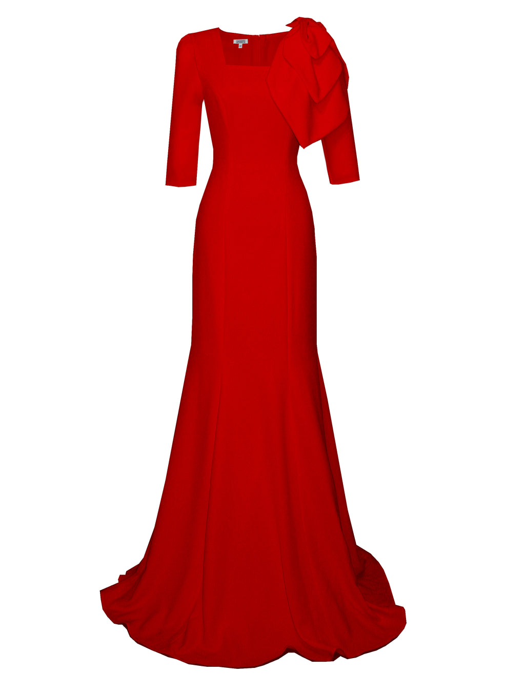 red Gown by CaeliNYC, gown with sleeves and bow