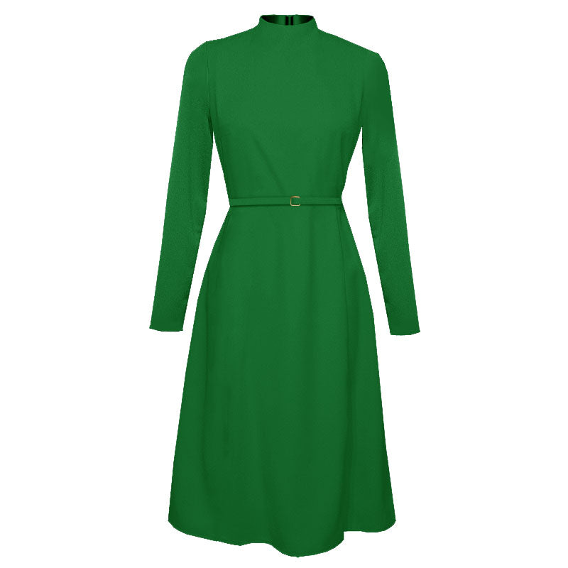 green high neck midi long sleeve modest dress