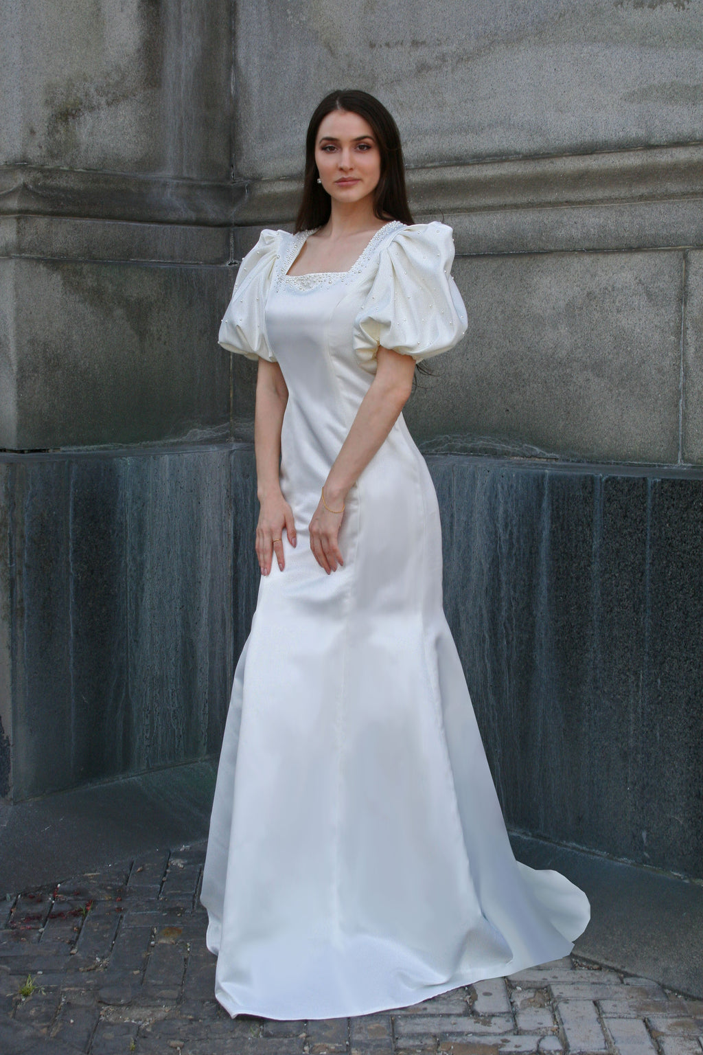 Bridal gown with square neckline and puff sleeves and pearls by caelinyc