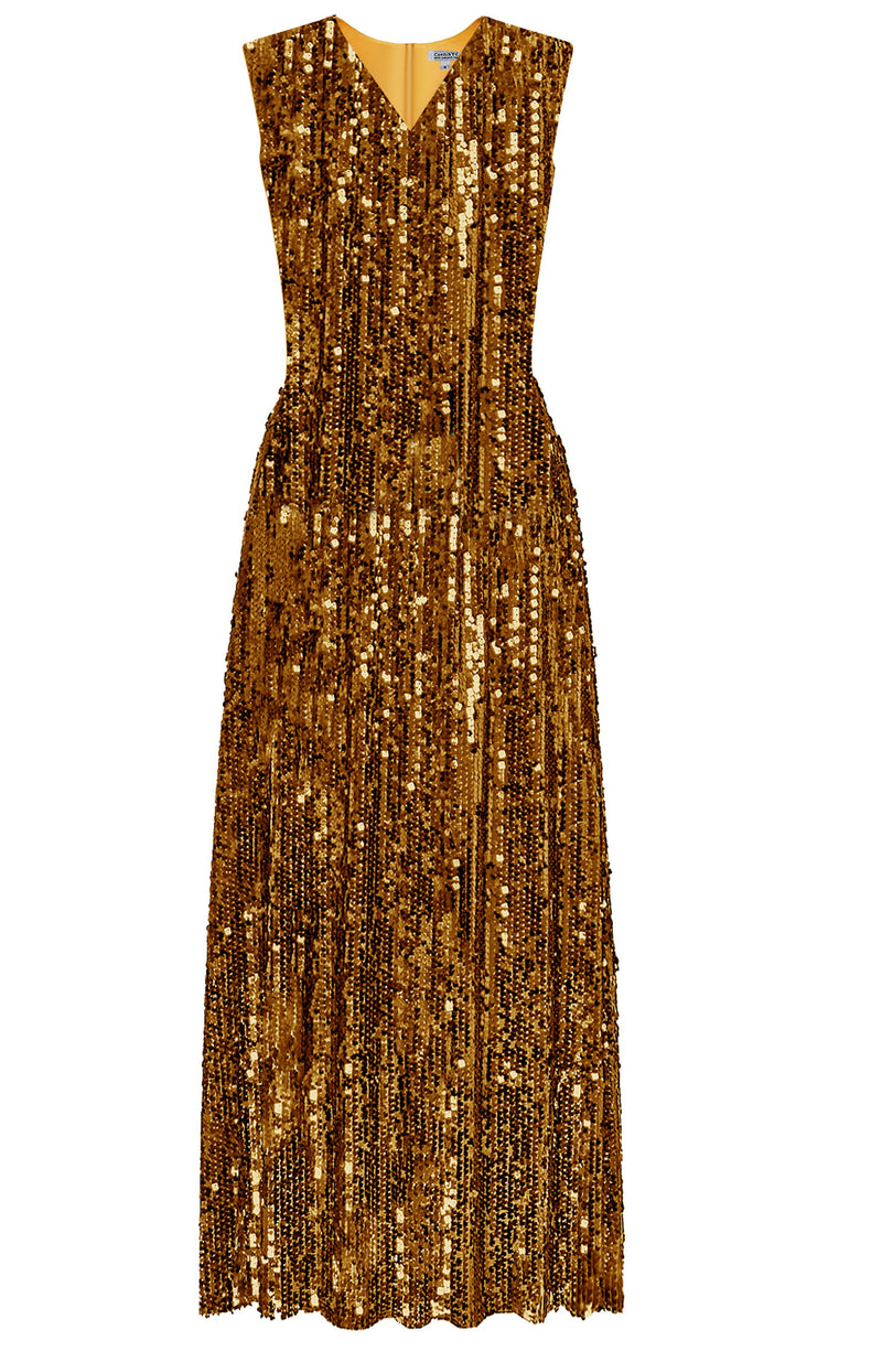 Vangelis Gold Sequin Dress, Vneck party dress, midi dress, gold dress