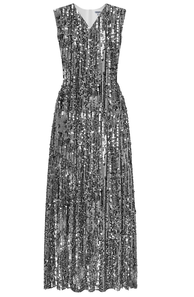 CaeliNYC by Claire Burroughs Perez Vangelis Silver Sequin Dress - Party Dresses - Evening Dress - Cocktail dresses, silver dresses, evening party dresses, Vangelis Silver Midi Sequin Dress