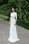 white bridal  gown with square neckline and 3/4 sleeves, minimalist bridal gown