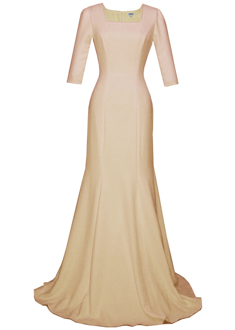 caeli couture champagne  gown with square neckline and 3/4 sleeves