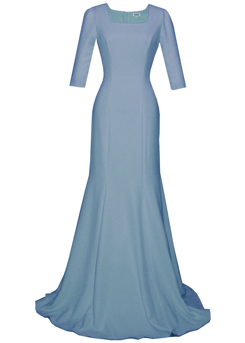 dusty blue gown with square neckline and 3/4 sleeves