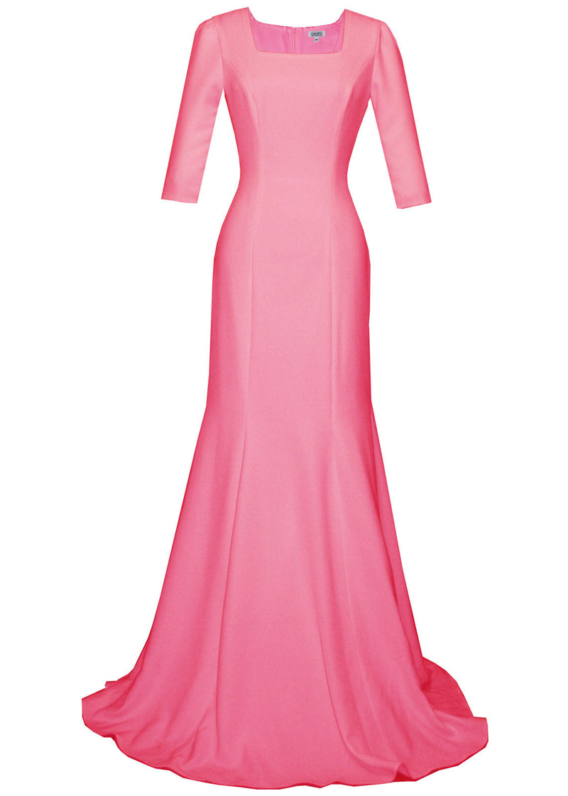 pink  gown with square neckline and 3/4 sleeves