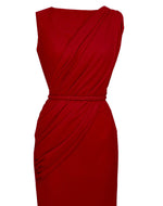 red draped cocktail dress, slimming dress, dress that covers tummy