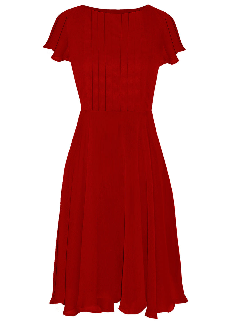 red dress with pleated bodice and full skirt